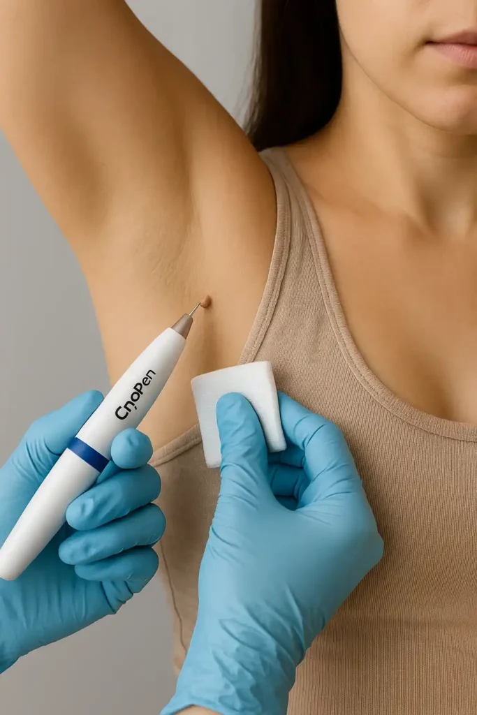 woman having cryopen to remove underarm skin tags Royal Leamington Spa