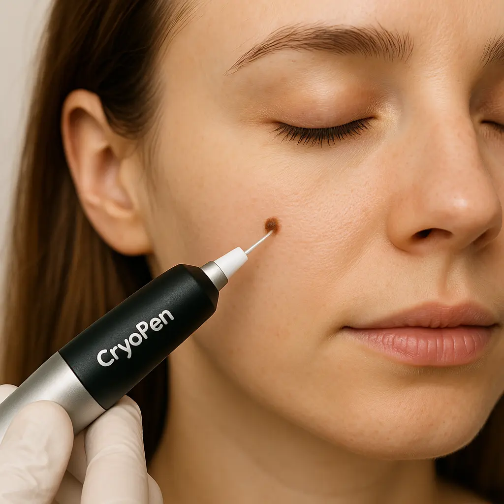 woman receiving facial mole removal Royal Leamington Spa using cryopen